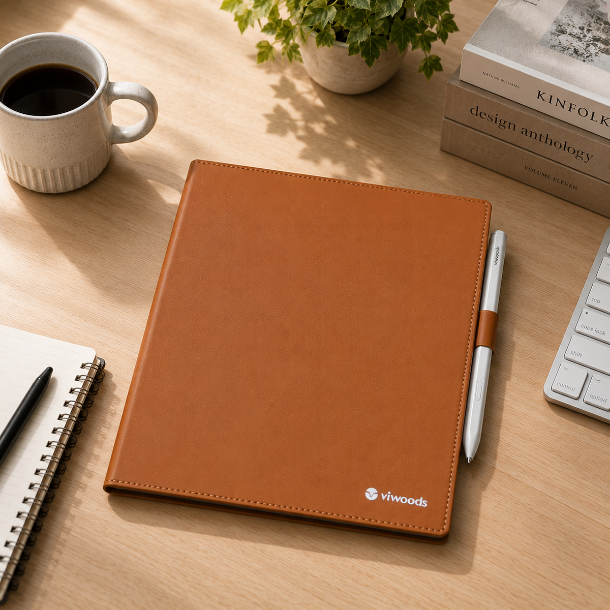 Viwoods AiPaper genuine leather case in a daily workspace