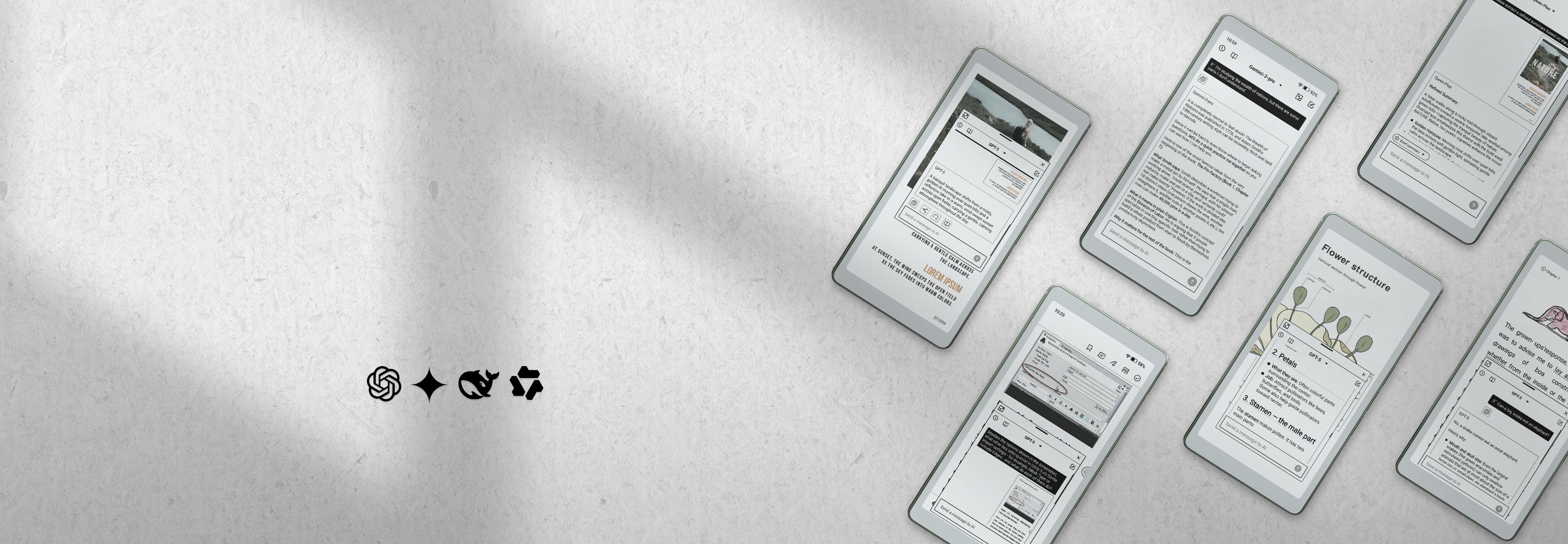 Multiple AiPaper reader C screens displaying different content on a light gray background