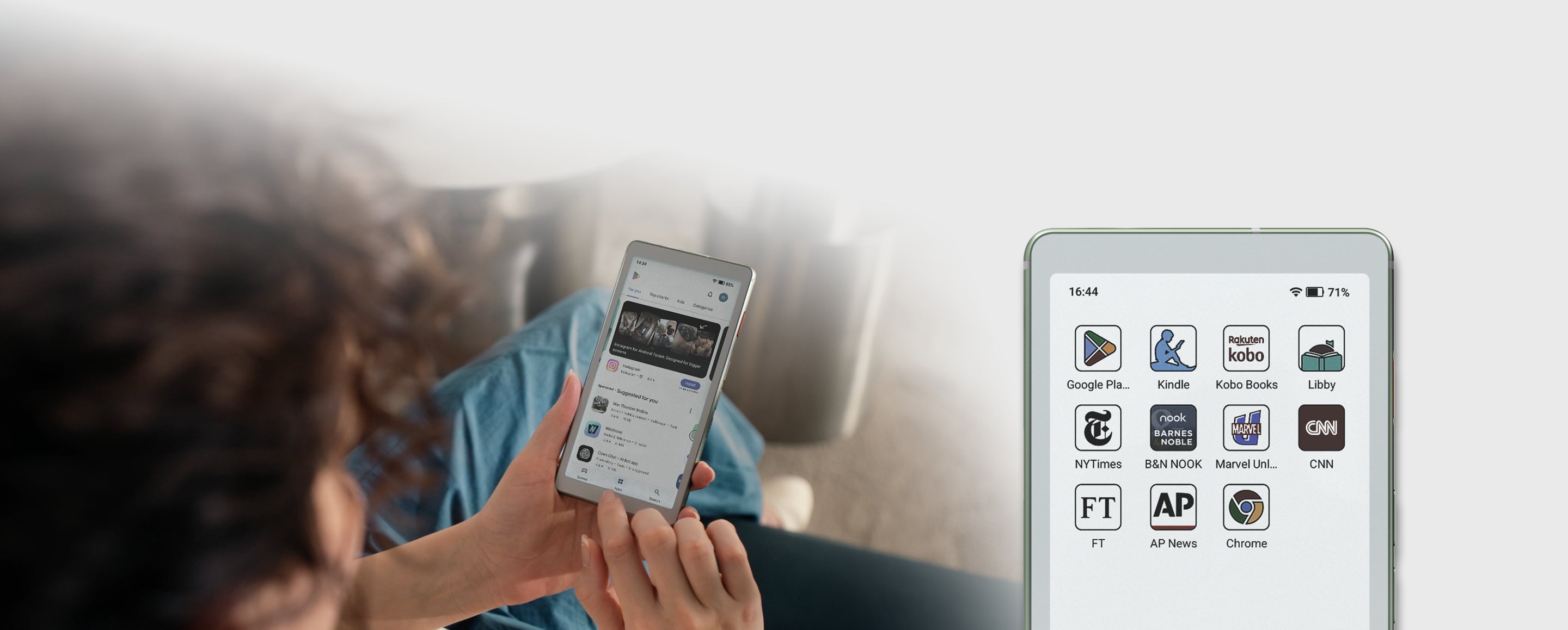 Person holding a viwoods AiPaper reader C with app icons displayed on a screen, next to a tablet showing more app icons.