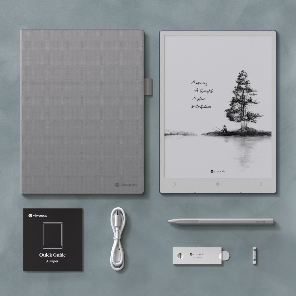 Viwoods AiPaper tablet, folio, stylus and included accessories
