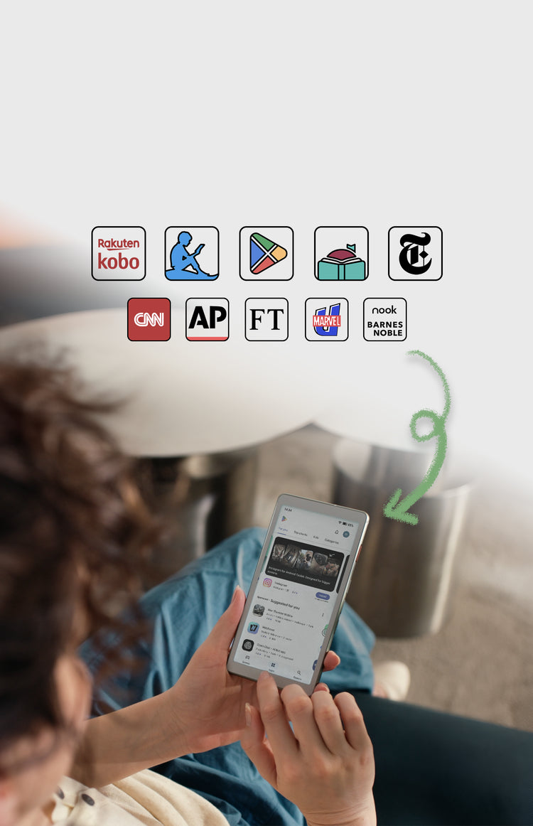 Person using a viwoods AiPaper reader C with app icons displayed above, indicating app usage.