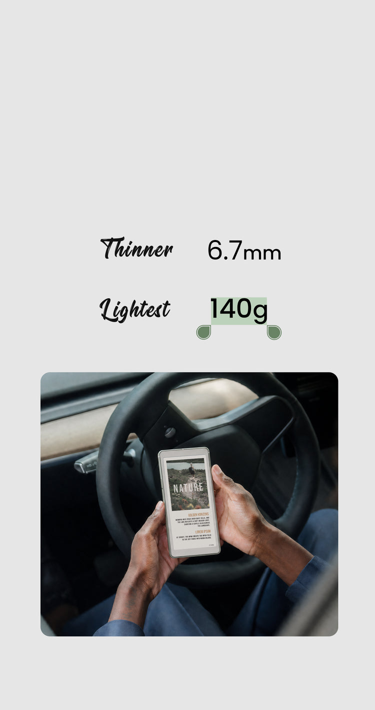 Person holding a thin aipaper reader c with text indicating 'Thinner 6.7mm, Lightest 140g' on a light gray background.