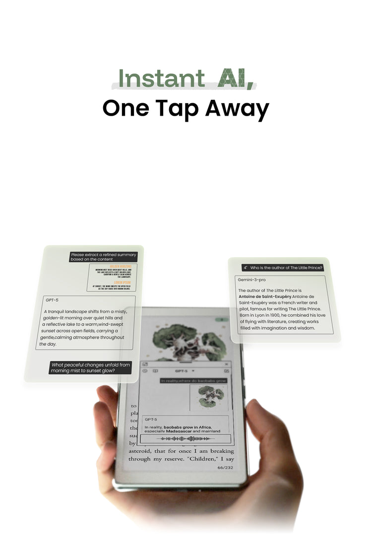 Hand holding a viwoods aipaper reader C displaying an app interface with text and images, surrounded by printed cards.