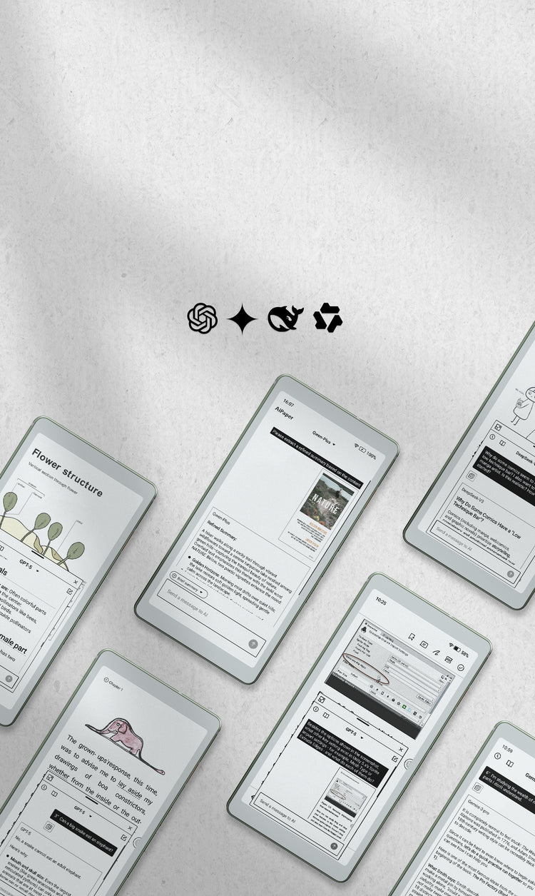 Multiple viwoods AIPaper readers displaying different interfaces on a light gray background