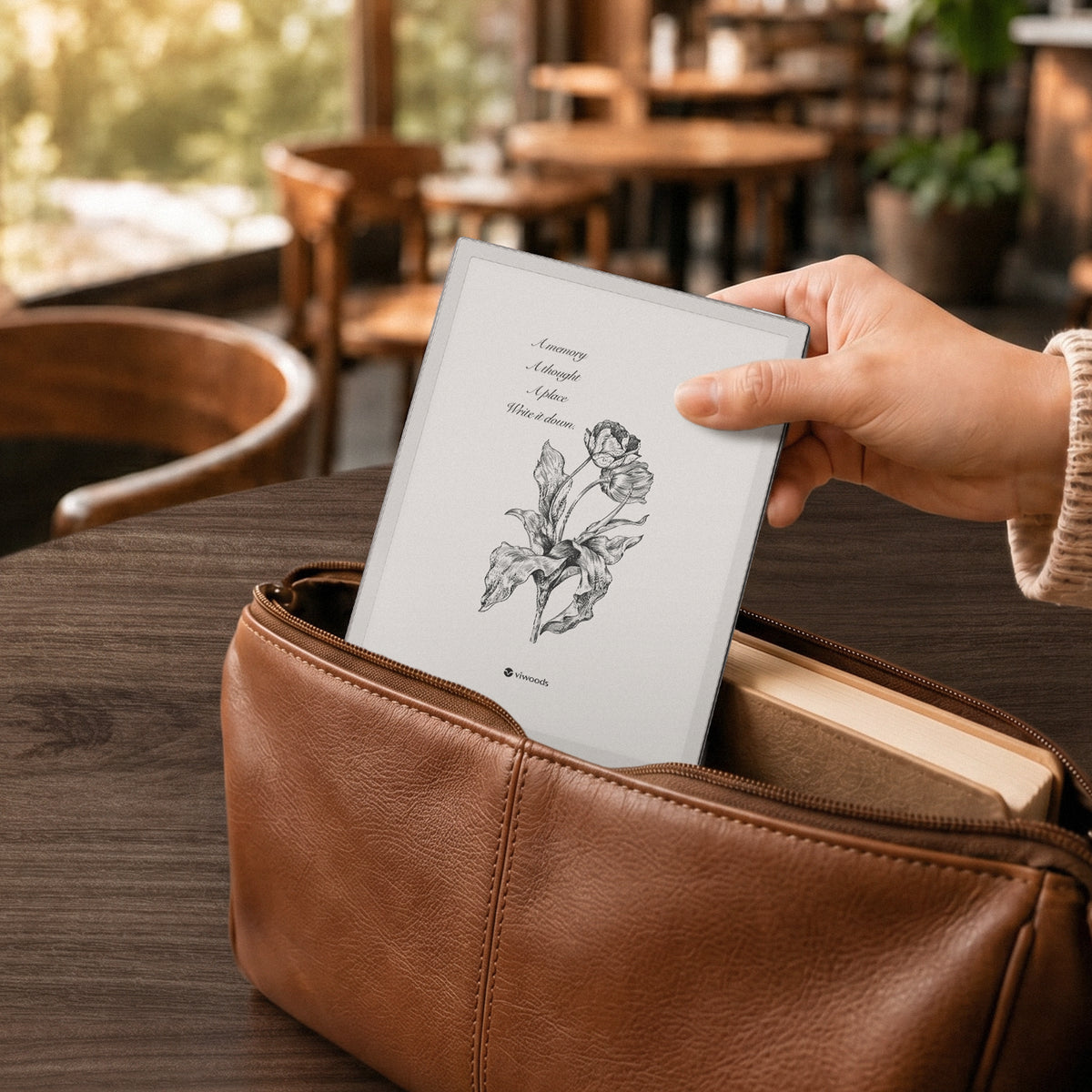 Viwoods AiPaper Mini being placed into a compact carry pouch in a cafe