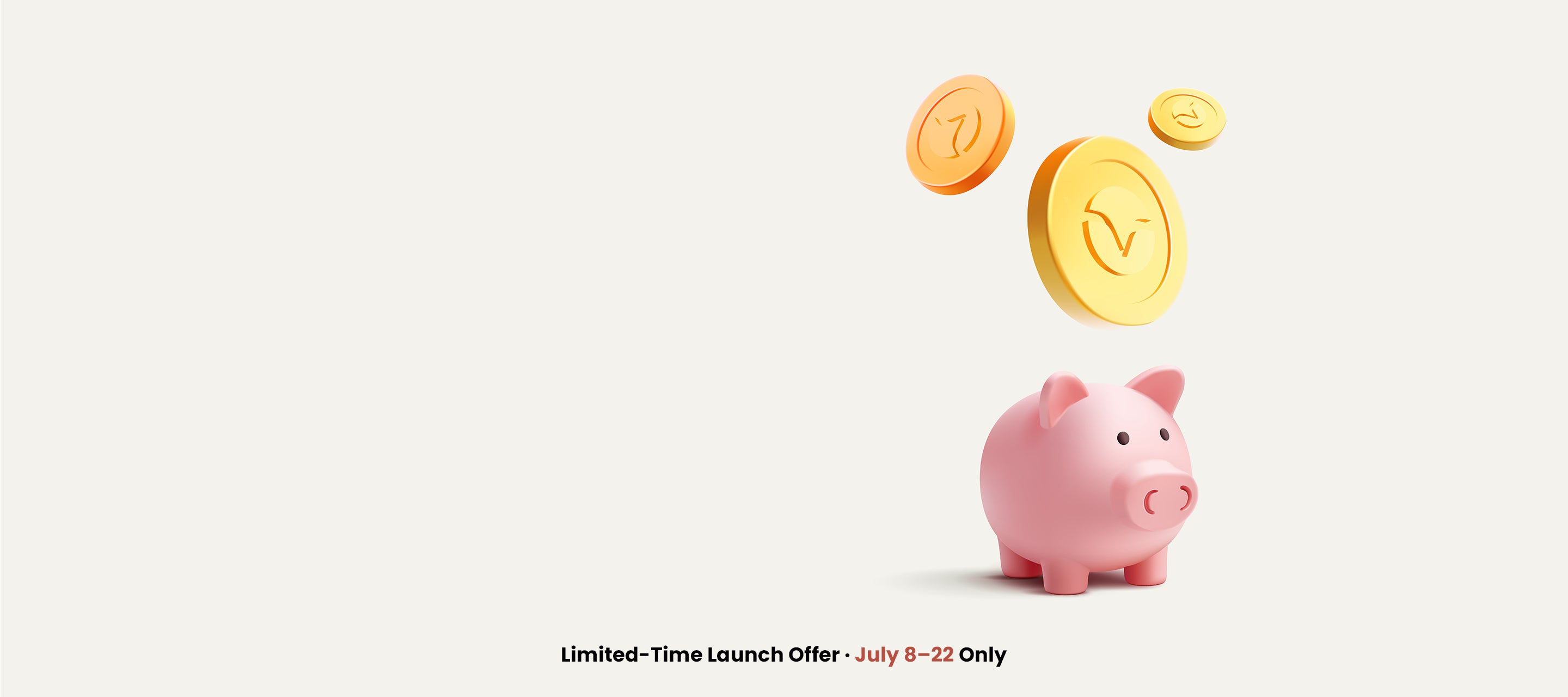 A pink piggy bank with three floating viwoods membership coins on a light off-white background.