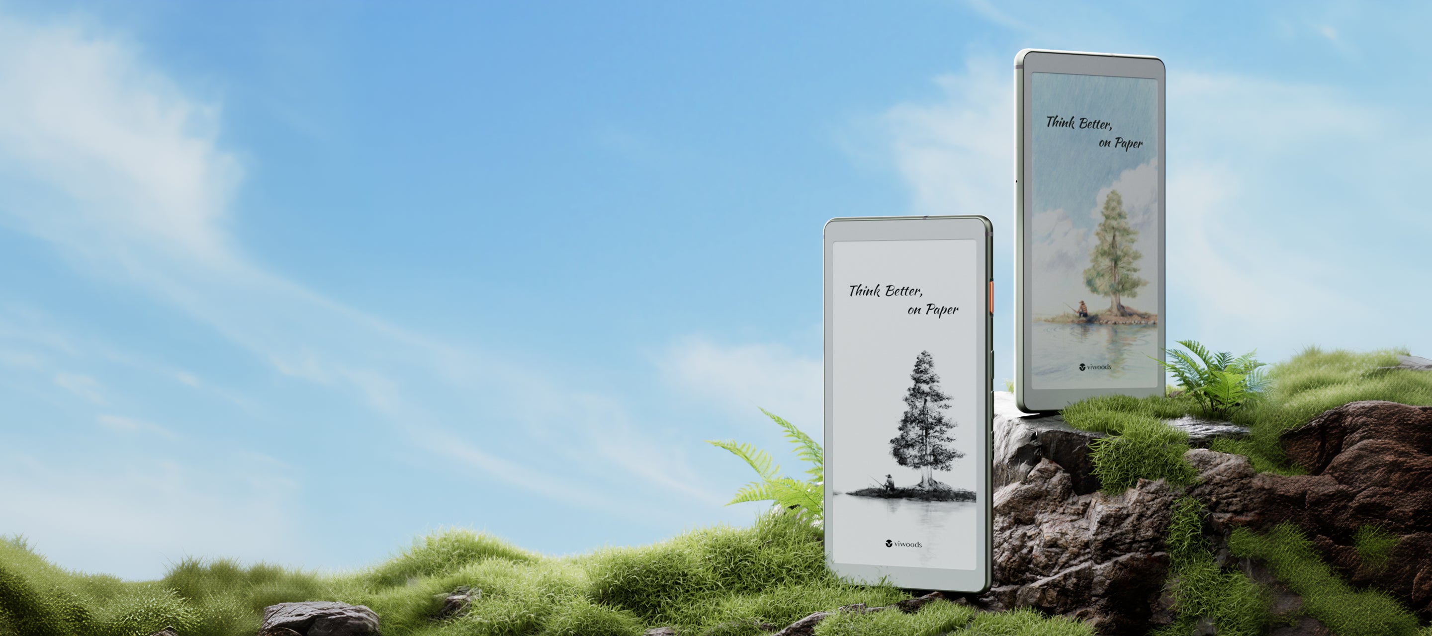 Two Viwoods AiPaper Reader series displaying minimalist book covers with tree illustrations, set against a bright blue sky and grassy, rocky outdoor scene.