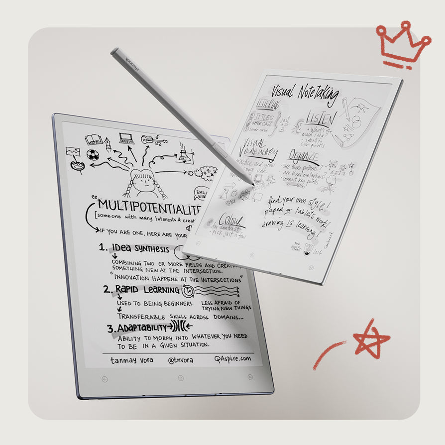 Viwoods AiPaper series stylized product shot, electronic writing tablet with Viwoods C1 Ceramic Stylus, screens display hand drawn mind map, multipotential and visual note taking sketches for study and creative work.
