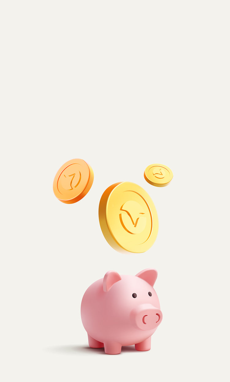 A pink piggy bank with three floating viwoods membership coins on a light off-white background.